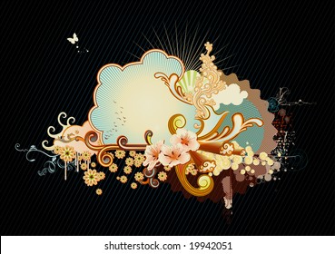 Vector illustration of urban retro styled background made of floral and ornamental elements.