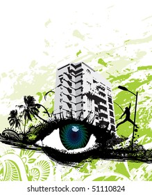  Vector illustration of urban retro styled background made of floral and eye ornamental elements.