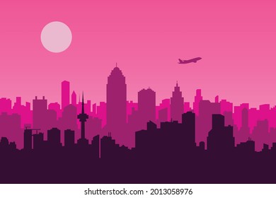 Vector illustration of an urban scene with a pink background, a metropolis, and an airplane silhouette