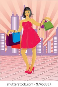 Vector illustration of urban shopping girl with colored shopping bags