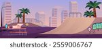 Vector illustration of urban skate park on sunset sky background. Skateboarding ramps with graffiti among high rises and palm trees. Extreme sport venue. Flat cartoon style.