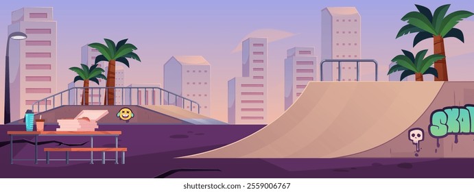 Vector illustration of urban skate park on sunset sky background. Skateboarding ramps with graffiti among high rises and palm trees. Extreme sport venue. Flat cartoon style.