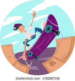 Vector illustration of an urban skateboarder showing a flying trick in a flat design. round shape illustration with sky on background in EPS10 format