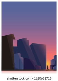 Vector illustration of urban sky in vanilla twilight background. Minimalist image of cityscape with copy space,woman take a dog for a walk in evening. Minimal landscape with noise and grainy.