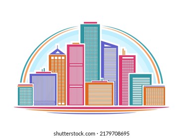 Vector illustration of Urban Skyline, horizontal decorative poster with multicolored linear design skyline cityscape, urban line art concept with various colorful buildings on blue sky background