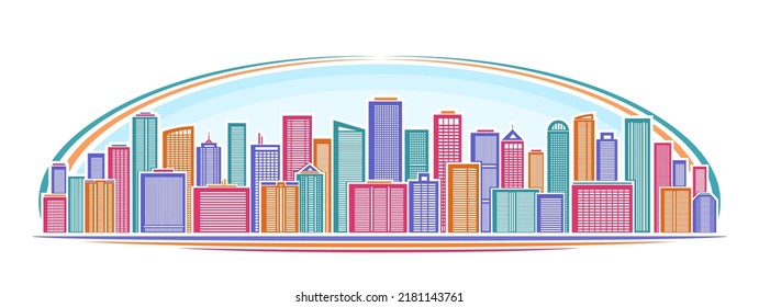 Vector illustration of Urban Skyline, horizontal decorative banner with multicolored linear design skyline cityscape, urban line art concept with different colorful buildings on blue sky background