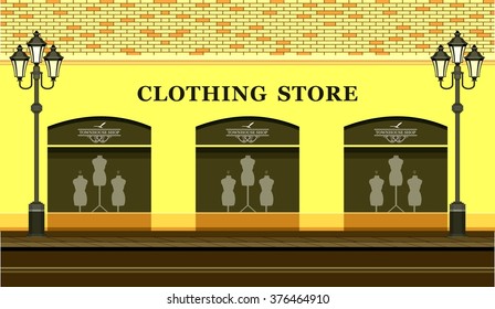 Vector illustration of urban street clothing store windows with mannequins