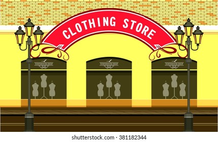 Vector illustration of urban street clothing store windows with mannequins