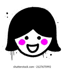 Vector illustration. Urban street graffiti style. Smiling girl, splash effect and drops. Black hair, white background. Print for graphic tee, sweatshirt, social media. Concept for avatar, post, story.