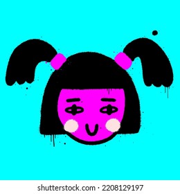 Vector Illustration. Urban Street Graffiti With Drop, Spray. Alien Face With Purple Neon Skin. Print For Graphic Tee, Sweatshirt. Concept For Halloween Avatar, Social Media. 1980s Style.