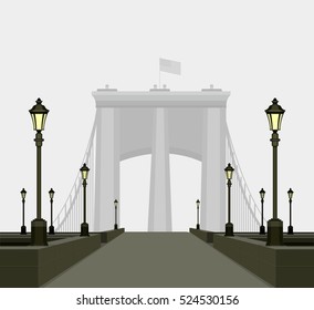 Vector illustration of urban track with street lamps to a huge bridge in the distance rising above the fog