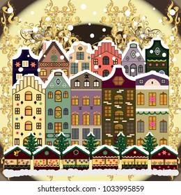 Vector illustration. Urban winter landscape. Snowy street. Christmas card Happy Holidays banner. Flat design.