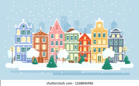 Vector illustration of urban winter landscape. Snowy street as greeting card background. Christmas card concept, Happy Holidays banner with colorful bright houses in flat cartoon style.