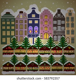 Vector illustration. Urban winter landscape. Snowy street. Christmas card Happy Holidays banner. Flat design.
