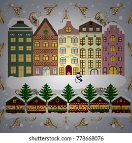Vector illustration. Urban winter landscape. Snowy street. Christmas card Happy Holidays banner. Flat design.