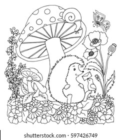 Vector illustration urchin under mushroom takes letter. Work done by hand. Book Coloring anti-stress for adults and children. Black and white.