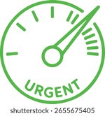 Vector illustration of an urgent speedometer icon showing high priority or emergency level. Green outlined gauge with needle pointing to the maximum, indicating urgent status. Ideal for business alert