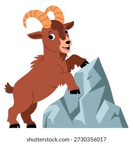 Vector illustration of urial mountain sheep character with horns standing on boulder ideal for wildlife nature animal and outdoor themed artwork designs