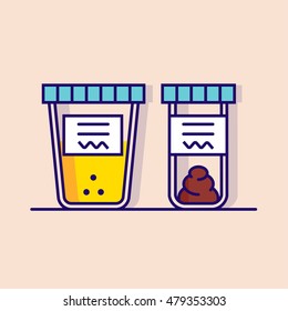 Vector illustration of urine and fecal analysis. Flat style. Containers for analysis isolated on pink background.