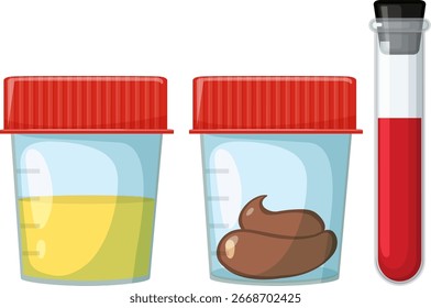 Vector illustration of urine, stool, and blood samples in laboratory containers, using flat style, clean lines, and bright colors on white background