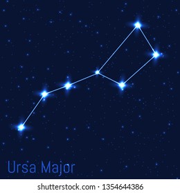 Vector illustration of Ursa Major constellation. Astronomical Big bear. Cluster of realistic stars in the dark blue starry sky.