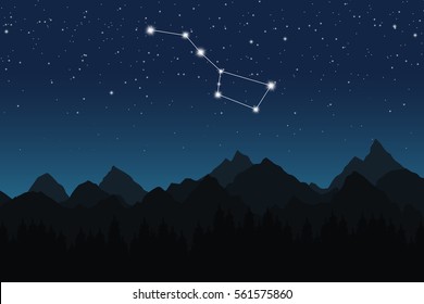 Vector illustration of Ursa Major constellation on the background of starry sky and night mountain landscape