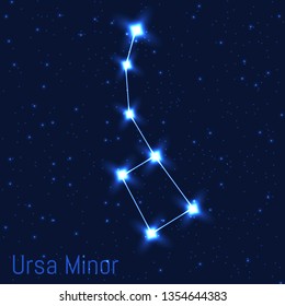 Ilustración vectorial de la constelación de Ursa Menor. Oso pequeño astronómico. Grupo de estrellas realistas en el cielo estrellado azul oscuro.