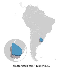 Vector illustration of Uruguay in blue on the grey model of South America map with zooming replica of country
