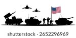 Vector illustration of US army silhouettes with tanks, missile launchers, soldiers and jets under the American flag isolated on white background. Military strength, readiness, global operation 