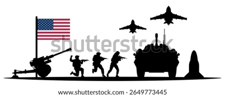 Vector illustration of U.S. army silhouettes with tanks, missile launchers, soldiers, and jets under the American flag, reflecting military strength, readiness, and global operations. White background