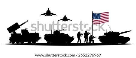 Vector illustration of US army silhouettes with tanks, missile launchers, soldiers and jets under the American flag isolated on white background. Military strength, readiness, global operation 