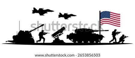 Vector illustration of US army silhouettes with tanks, missile launchers, soldiers and jets under the American flag isolated on white background. Military strength, readiness, global operation concept