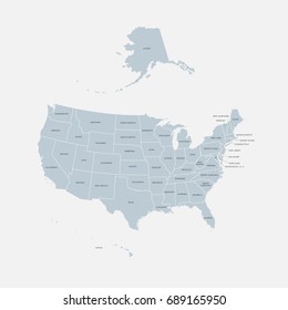 Vector illustration of US map with states silhouettes and names.