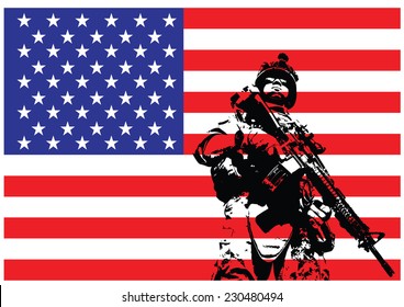 Vector Illustration Of US Marine In Front Of The USA Flag