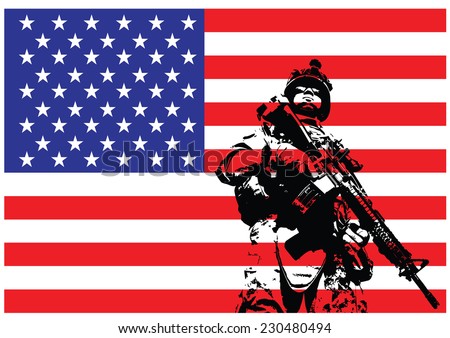 Vector illustration of US marine in front of the USA flag