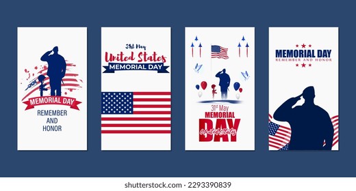 Vector illustration of US Memorial Day social media story post feed mockup template design set