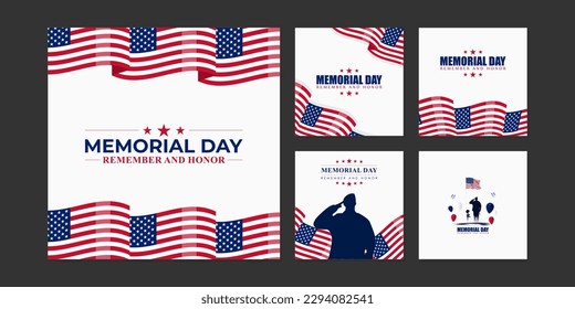 Vector illustration of US Memorial Day social media story post feed mockup template design set