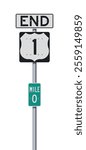 Vector illustration of US Route 1 Mile Marker 0 End road signs on metallic pole