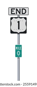 Vector illustration of US Route 1 Mile Marker 0 End road signs on metallic pole