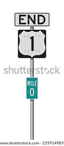 Vector illustration of US Route 1 Mile Marker 0 End road signs on metallic pole