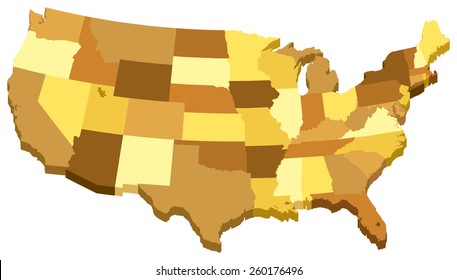 Vector illustration of USA 3D map with states in different brown colors. Global colors used, easy to edit.