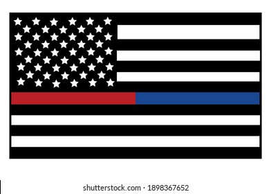 Vector Illustration Of USA Black And White Flat Flag With A Half Of Thin Blue And Red Line In Honour Of Firefighters And Law Enforcement Officers. Firefighters And Enforcement Officers Lives Matter.