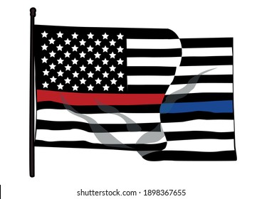 Vector Illustration Of USA Black And White Flag With A Half Of Thin Blue And Red Line In Honour Of Firefighters And Law Enforcement Officers. Firefighters And Enforcement Officers Lives Matter.