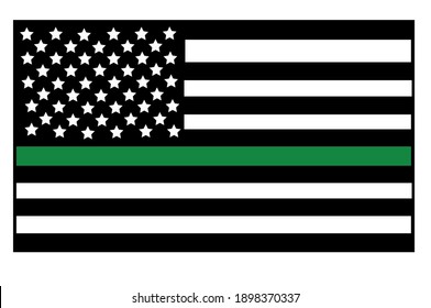 Vector illustration of USA black and white flat flag with a thin green line in honour of the USA military and veterans. The USA military lives matter symbol.