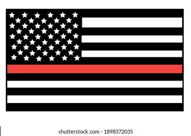 Vector illustration of USA black and white flat flag with a thin red line in honour of firefighters. Firefighters lives matter symbol. 