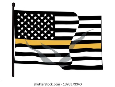 Vector illustration of USA black and white waving flag with a thin orange line in honour of search and rescue personnel. The search and rescue personnel lives matter symbol.