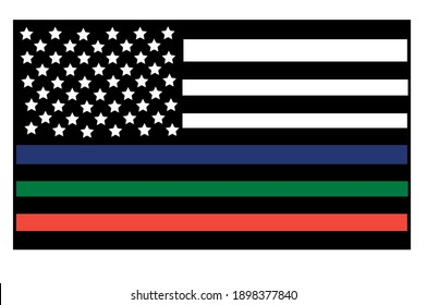 Vector Illustration Of USA Black And White Flat Flag With A Thin Blue, Green And Red Lines In Honour Of Firefighters, Law Enforcement Officers And The USA Military. 