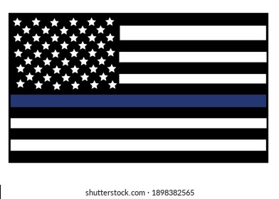 Vector illustration of USA black and white flat flag with a thin blue line in honour of law enforcement officers. Law enforcement officers lives matter symbol.