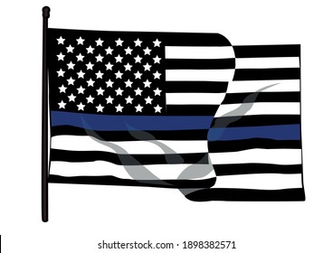 Vector illustration of USA black and white waving flag with a thin blue line in honour of law enforcement officers. Law enforcement officers lives matter symbol.