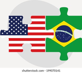 Vector illustration of USA and Brazil Flags in puzzle isolated on white background